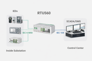 نمای کلی ارتباط IEC 61850 داخل پست و IEC 104 با SCADA برای ABB RTU560